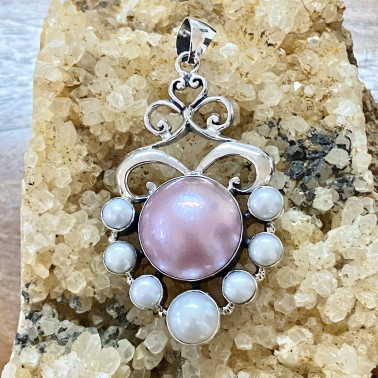 PD 15039 MBP-(HANDMADE 925 BALI SILVER PENDANT WITH PINK MABE PEARL, PEARL)